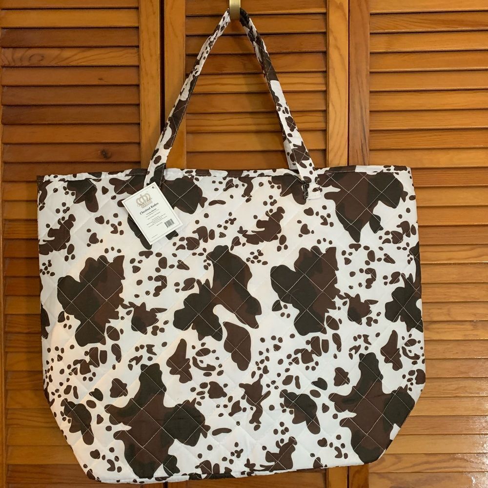 Cow Hide Print Quilted Oversized Tote Bag Western Southwestern Highland Calf New